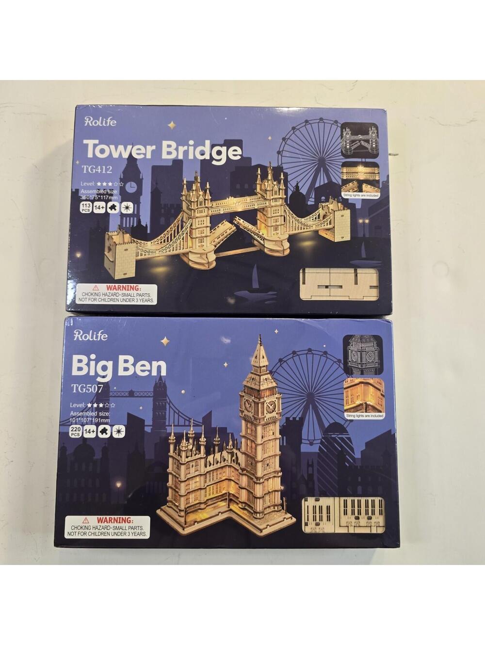 Rolife Lot Of 2 3D Wooden Puzzle-Lighted Tower Bridge-TG412 Big Ben-TG507